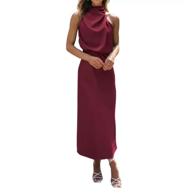 imageBTFBM Womens Sleeveless Cocktail Dresses Mock Neck Keyhole Elastic High Waist Wedding Guest Evening Party Maxi DressSolid Deep Red