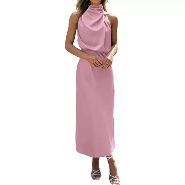 imageBTFBM Womens Sleeveless Cocktail Dresses Mock Neck Keyhole Elastic High Waist Wedding Guest Evening Party Maxi DressSolid Dusty Pink