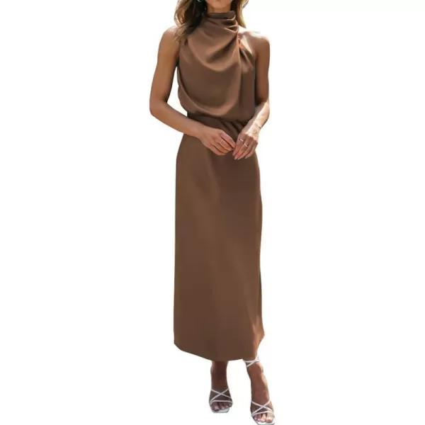 imageBTFBM Womens Sleeveless Cocktail Dresses Mock Neck Keyhole Elastic High Waist Wedding Guest Evening Party Maxi DressSolid Khaki