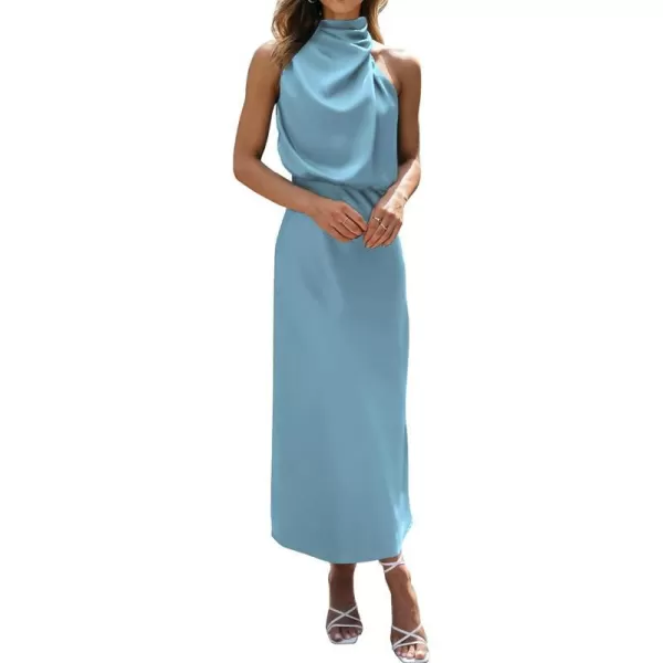 imageBTFBM Womens Sleeveless Cocktail Dresses Mock Neck Keyhole Elastic High Waist Wedding Guest Evening Party Maxi DressSolid Light Blue