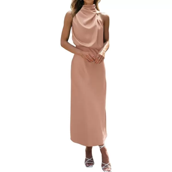imageBTFBM Womens Sleeveless Cocktail Dresses Mock Neck Keyhole Elastic High Waist Wedding Guest Evening Party Maxi DressSolid Light Khaki