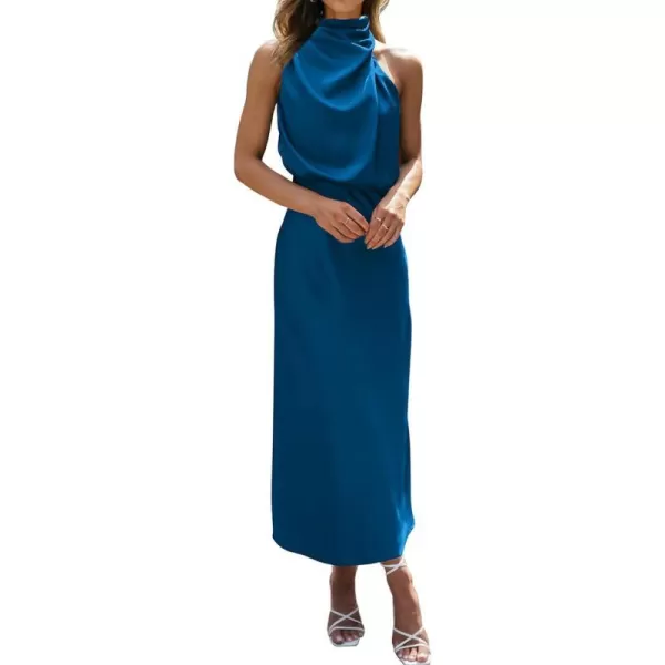 imageBTFBM Womens Sleeveless Cocktail Dresses Mock Neck Keyhole Elastic High Waist Wedding Guest Evening Party Maxi DressSolid Navy