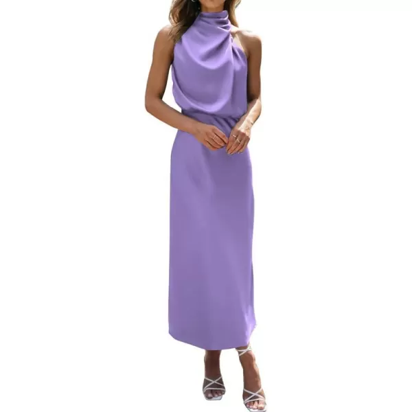 imageBTFBM Womens Sleeveless Cocktail Dresses Mock Neck Keyhole Elastic High Waist Wedding Guest Evening Party Maxi DressSolid Purple
