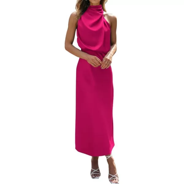 imageBTFBM Womens Sleeveless Cocktail Dresses Mock Neck Keyhole Elastic High Waist Wedding Guest Evening Party Maxi DressSolid Rose Red