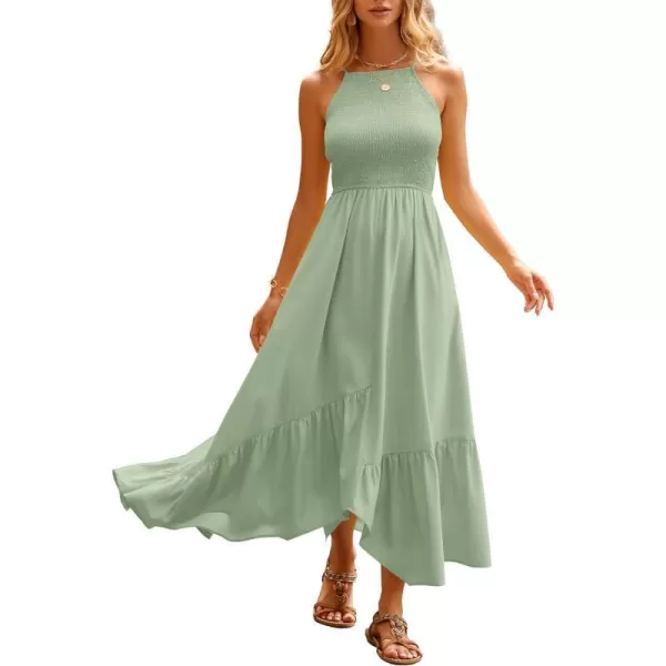 imageBTFBM Womens Sleeveless Halter Neck Casual Summer Dress Smocked Flowy Irregular Hem Wedding Beach Party Maxi SundressesSolid Bean Green