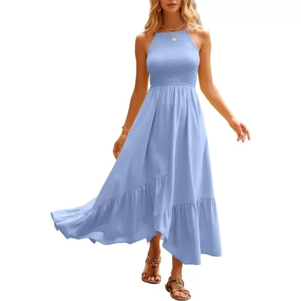 imageBTFBM Womens Sleeveless Halter Neck Casual Summer Dress Smocked Flowy Irregular Hem Wedding Beach Party Maxi SundressesSolid Blue
