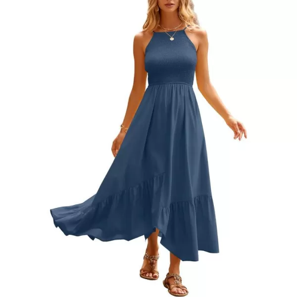 imageBTFBM Womens Sleeveless Halter Neck Casual Summer Dress Smocked Flowy Irregular Hem Wedding Beach Party Maxi SundressesSolid Dark Blue