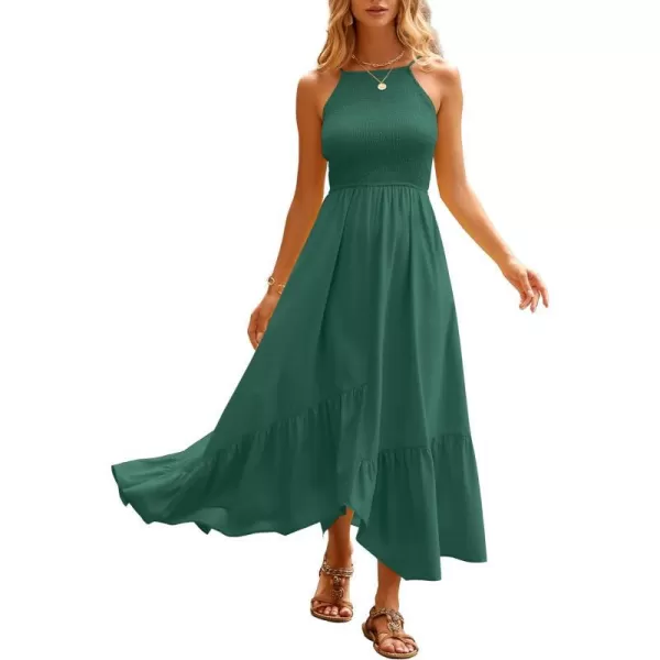 imageBTFBM Womens Sleeveless Halter Neck Casual Summer Dress Smocked Flowy Irregular Hem Wedding Beach Party Maxi SundressesSolid Green