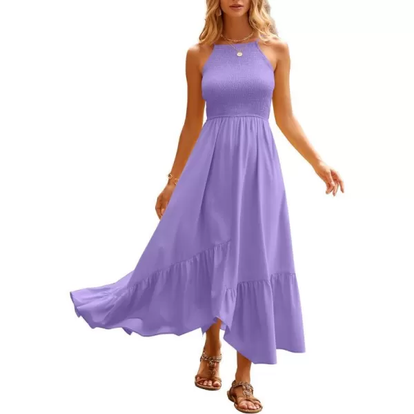 imageBTFBM Womens Sleeveless Halter Neck Casual Summer Dress Smocked Flowy Irregular Hem Wedding Beach Party Maxi SundressesSolid Light Purple