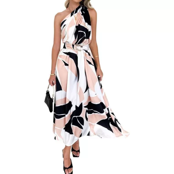 imageBTFBM Womens Sleeveless One Shoulder Dress Resort Outfits Casual Summer Maxi Sundress Print Belted Long Flowy DressesPrint Black Pink