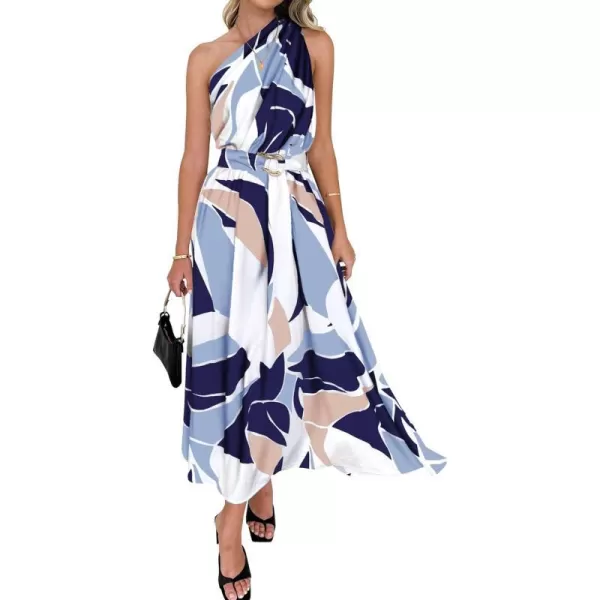 imageBTFBM Womens Sleeveless One Shoulder Dress Resort Outfits Casual Summer Maxi Sundress Print Belted Long Flowy DressesPrint Navy