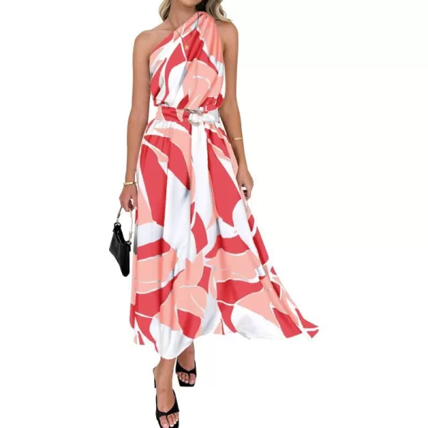 imageBTFBM Womens Sleeveless One Shoulder Dress Resort Outfits Casual Summer Maxi Sundress Print Belted Long Flowy DressesPrint Pink