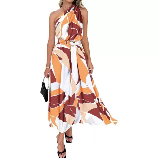 imageBTFBM Womens Sleeveless One Shoulder Dress Resort Outfits Casual Summer Maxi Sundress Print Belted Long Flowy DressesPrint Red Brown