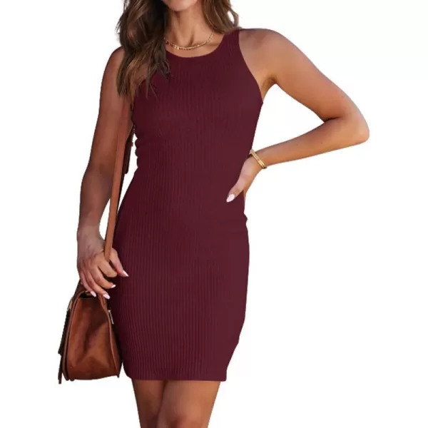 imageBTFBM Womens Sleeveless Ribbed Knit Tank Dress Scoop Neck Slim Fit 2023 Fashion Summer Party Club Bodycon Mini DressesSolid Wine Red