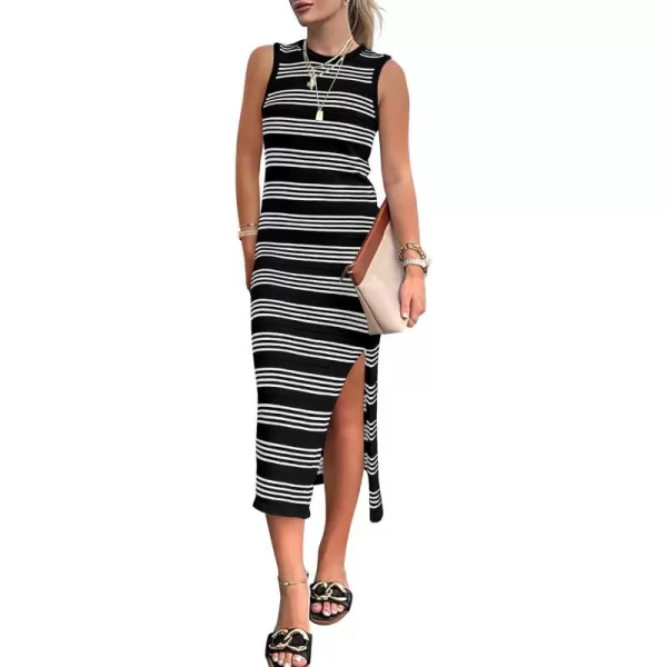 imageBTFBM Womens Sleeveless Summer Dresses 2024 Crew Neck Casual Sundress Hollow Out Side Slit Bodycon Knit Long Tank DressStriped Black
