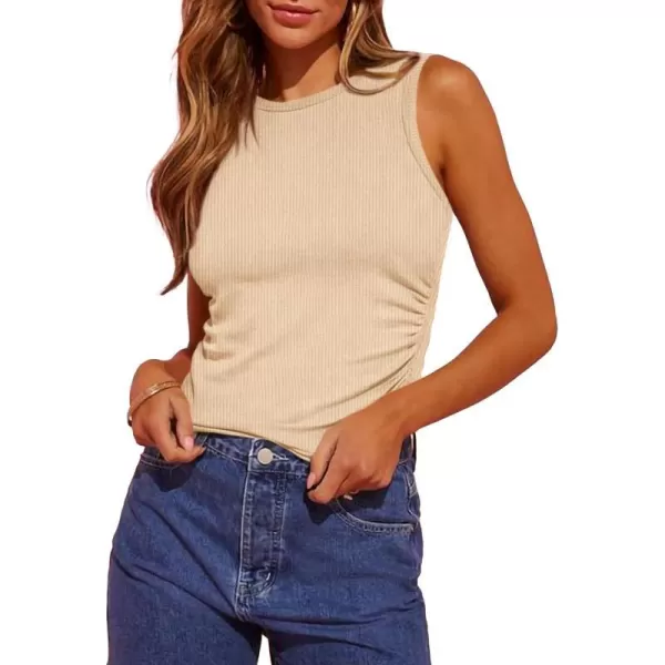 imageBTFBM Womens Sleeveless Tank Tops 2024 Summer Clothes Crew Neck Racerback Slim Cropped Casual Ribbed Knit Shirt TopSolid Beige