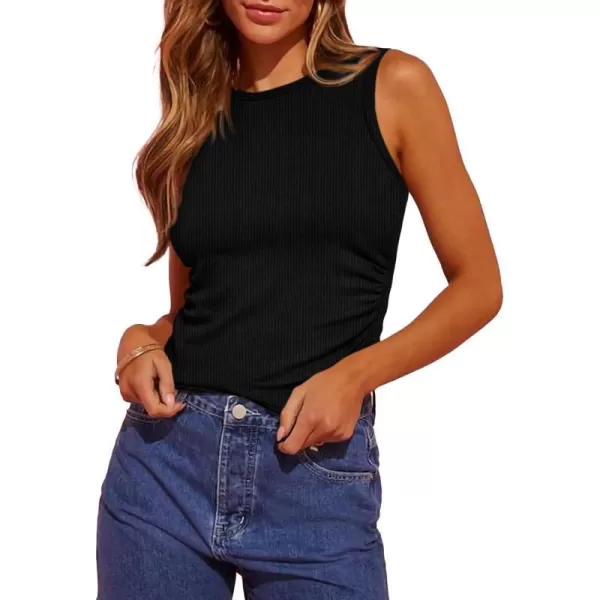 imageBTFBM Womens Sleeveless Tank Tops 2024 Summer Clothes Crew Neck Racerback Slim Cropped Casual Ribbed Knit Shirt TopSolid Black