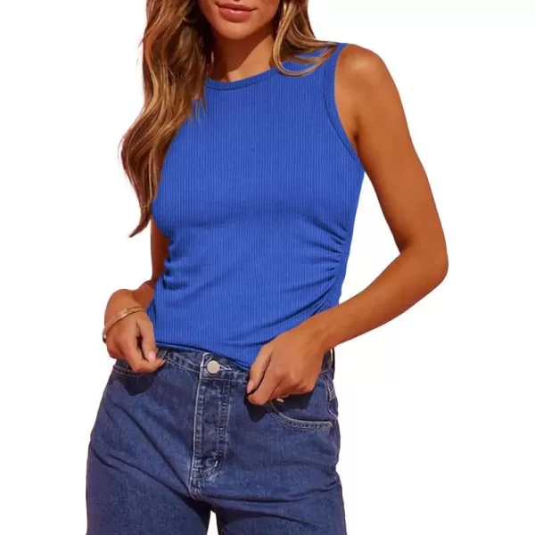 imageBTFBM Womens Sleeveless Tank Tops 2024 Summer Clothes Crew Neck Racerback Slim Cropped Casual Ribbed Knit Shirt TopSolid Blue