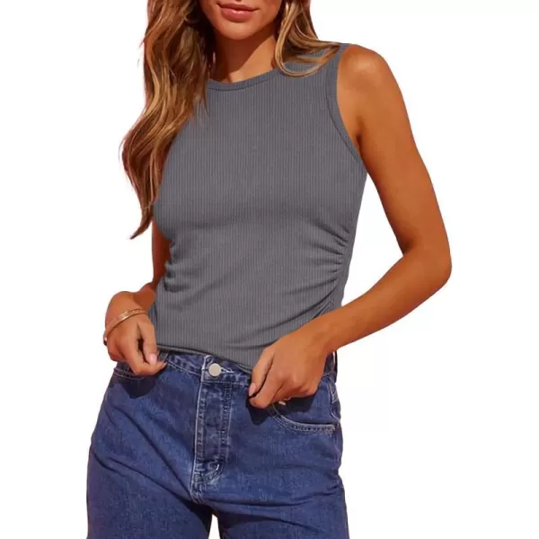 imageBTFBM Womens Sleeveless Tank Tops 2024 Summer Clothes Crew Neck Racerback Slim Cropped Casual Ribbed Knit Shirt TopSolid Dark Grey