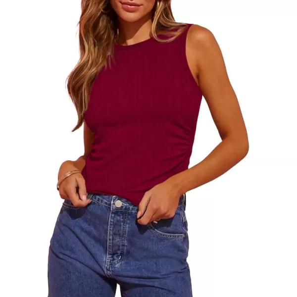imageBTFBM Womens Sleeveless Tank Tops 2024 Summer Clothes Crew Neck Racerback Slim Cropped Casual Ribbed Knit Shirt TopSolid Wine Red