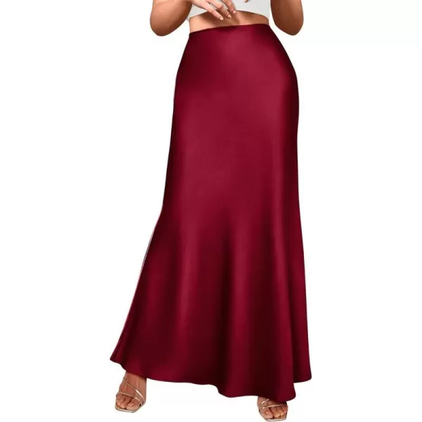 imageBTFBM Womens Spring Summer Skirt 2024 Silk Elegant High Waist Cocktail Party Wedding Mermaid Hem Satin Maxi SkirtsSolid Wine Red