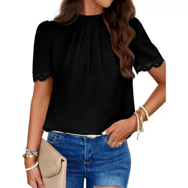 imageBTFBM Womens Spring Tops 2024 Pleated Mock Neck Lace Trim Short Sleeve Summer Shirts Dressy Casual Top Blouse ShirtSolid Black