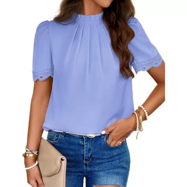 imageBTFBM Womens Spring Tops 2024 Pleated Mock Neck Lace Trim Short Sleeve Summer Shirts Dressy Casual Top Blouse ShirtSolid Blue