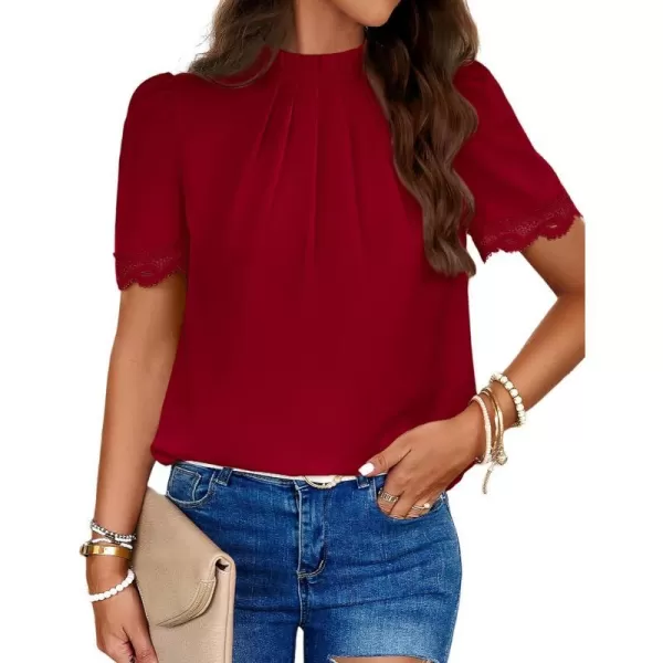 imageBTFBM Womens Spring Tops 2024 Pleated Mock Neck Lace Trim Short Sleeve Summer Shirts Dressy Casual Top Blouse ShirtSolid Red