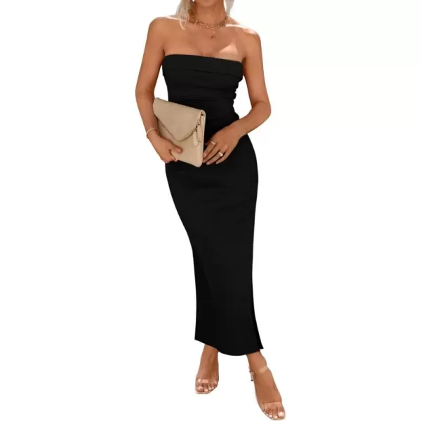 imageBTFBM Womens Strapless Tube Dress 2024 Summer Knit Backless Slit Formal Bodycon Wedding Cocktail Party Maxi DressesSolid Black