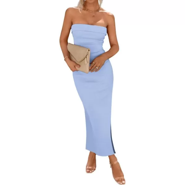 imageBTFBM Womens Strapless Tube Dress 2024 Summer Knit Backless Slit Formal Bodycon Wedding Cocktail Party Maxi DressesSolid Light Blue