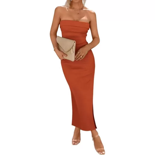 imageBTFBM Womens Strapless Tube Dress 2024 Summer Knit Backless Slit Formal Bodycon Wedding Cocktail Party Maxi DressesSolid Rust Red