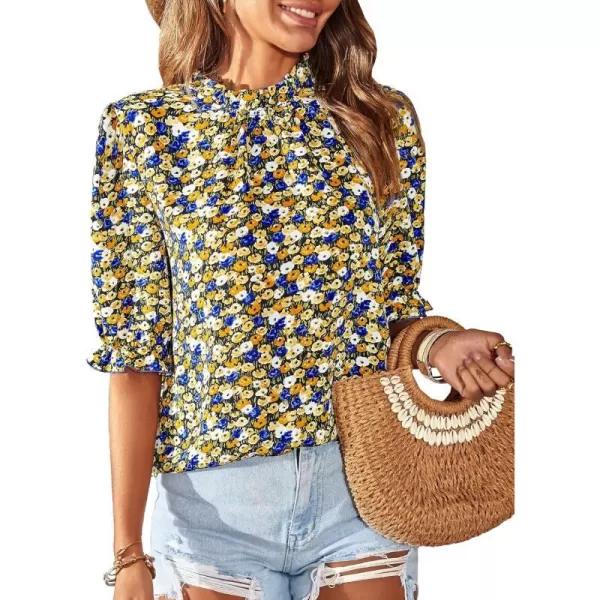 imageBTFBM Womens Summer Boho Shirt Top Ruffle Short Sleeve Frill Trim Mock Neck Floral Solid 2023 Casual Blouses Shirts TopsFloral Black