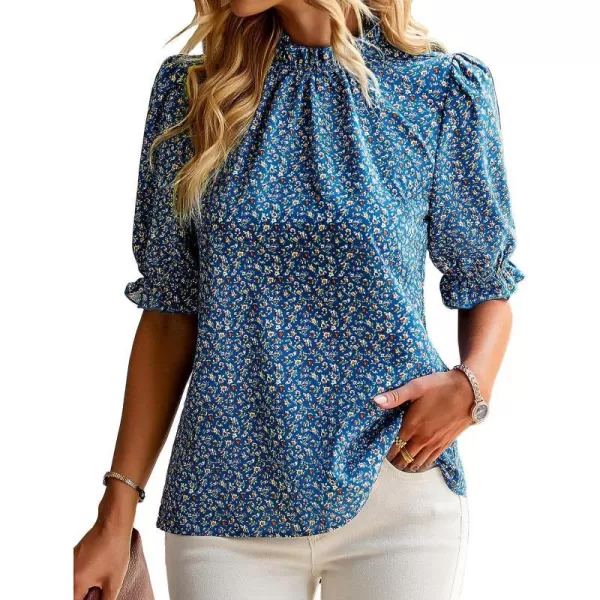 imageBTFBM Womens Summer Boho Shirt Top Ruffle Short Sleeve Frill Trim Mock Neck Floral Solid 2023 Casual Blouses Shirts TopsFloral Blue