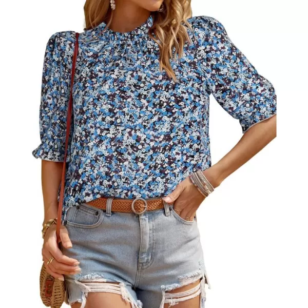 imageBTFBM Womens Summer Boho Shirt Top Ruffle Short Sleeve Frill Trim Mock Neck Floral Solid 2023 Casual Blouses Shirts TopsFloral Blue White
