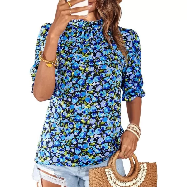 imageBTFBM Womens Summer Boho Shirt Top Ruffle Short Sleeve Frill Trim Mock Neck Floral Solid 2023 Casual Blouses Shirts TopsFloral Bright Blue