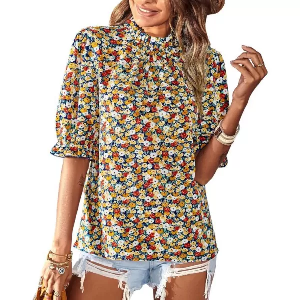 imageBTFBM Womens Summer Boho Shirt Top Ruffle Short Sleeve Frill Trim Mock Neck Floral Solid 2023 Casual Blouses Shirts TopsFloral Navy