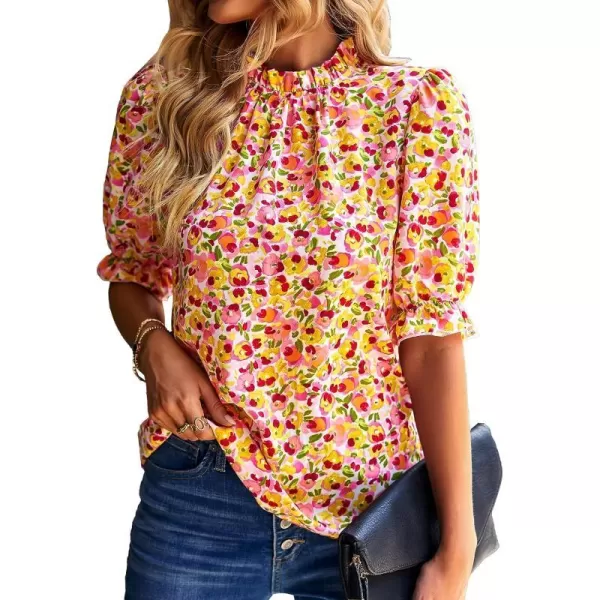 imageBTFBM Womens Summer Boho Shirt Top Ruffle Short Sleeve Frill Trim Mock Neck Floral Solid 2023 Casual Blouses Shirts TopsFloral Pink