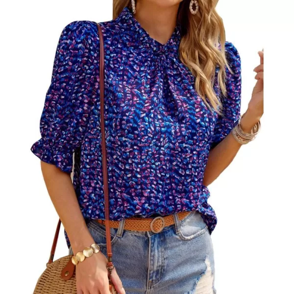 imageBTFBM Womens Summer Boho Shirt Top Ruffle Short Sleeve Frill Trim Mock Neck Floral Solid 2023 Casual Blouses Shirts TopsFloral Purple Blue