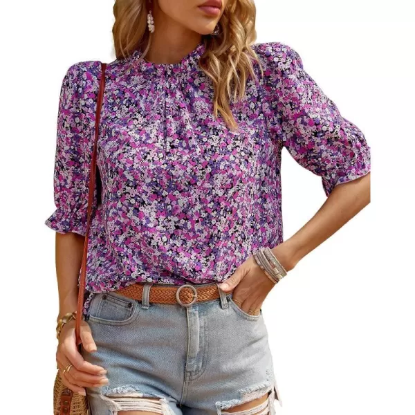 imageBTFBM Womens Summer Boho Shirt Top Ruffle Short Sleeve Frill Trim Mock Neck Floral Solid 2023 Casual Blouses Shirts TopsFloral Purple White
