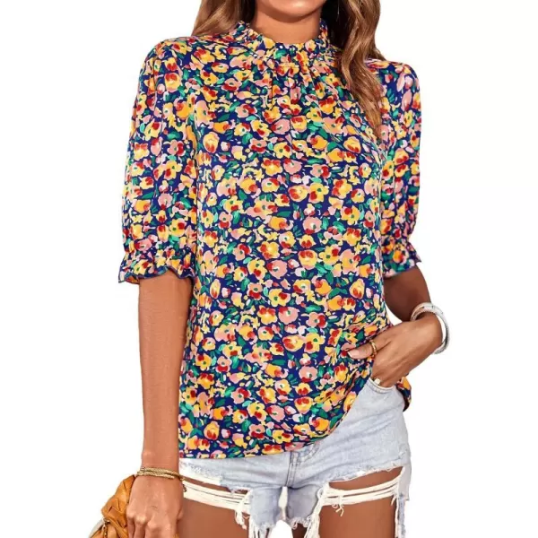 imageBTFBM Womens Summer Boho Shirt Top Ruffle Short Sleeve Frill Trim Mock Neck Floral Solid 2023 Casual Blouses Shirts TopsFloral Royal Blue