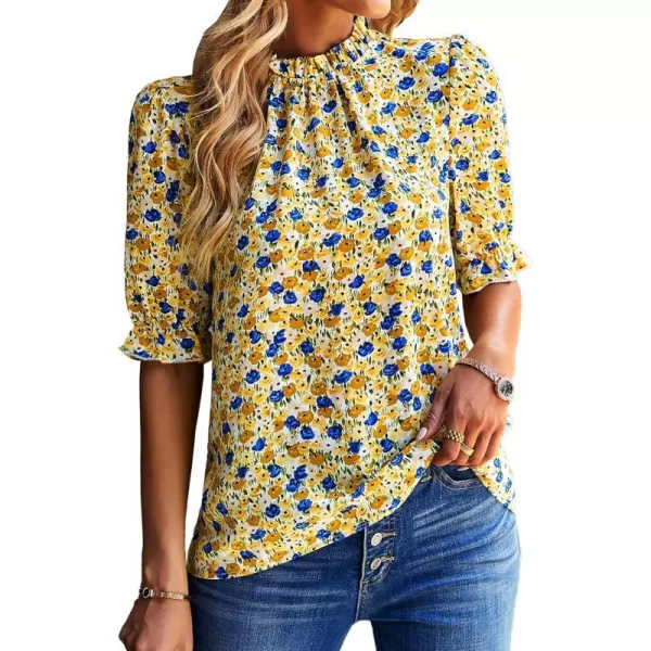 imageBTFBM Womens Summer Boho Shirt Top Ruffle Short Sleeve Frill Trim Mock Neck Floral Solid 2023 Casual Blouses Shirts TopsFloral Yellow