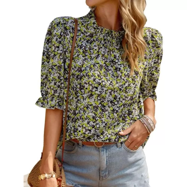 imageBTFBM Womens Summer Boho Shirt Top Ruffle Short Sleeve Frill Trim Mock Neck Floral Solid 2023 Casual Blouses Shirts TopsFloral Yellow White
