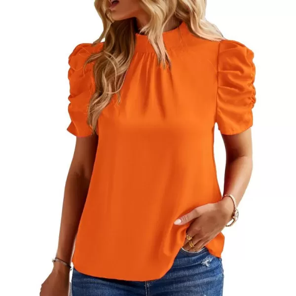 imageBTFBM Womens Summer Boho Shirt Top Ruffle Short Sleeve Frill Trim Mock Neck Floral Solid 2023 Casual Blouses Shirts TopsSolid Orange