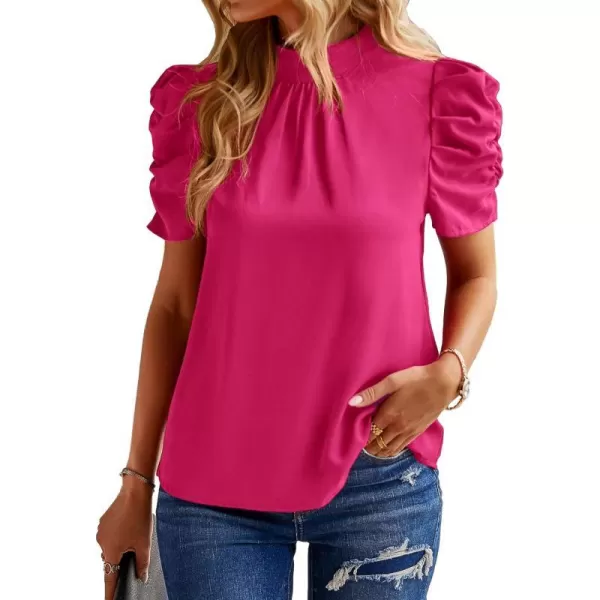imageBTFBM Womens Summer Boho Shirt Top Ruffle Short Sleeve Frill Trim Mock Neck Floral Solid 2023 Casual Blouses Shirts TopsSolid Rose Red