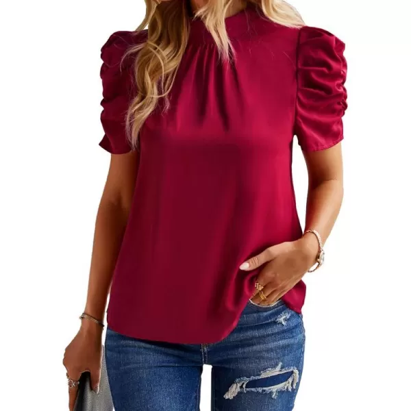 imageBTFBM Womens Summer Boho Shirt Top Ruffle Short Sleeve Frill Trim Mock Neck Floral Solid 2023 Casual Blouses Shirts TopsSolid Wine Red