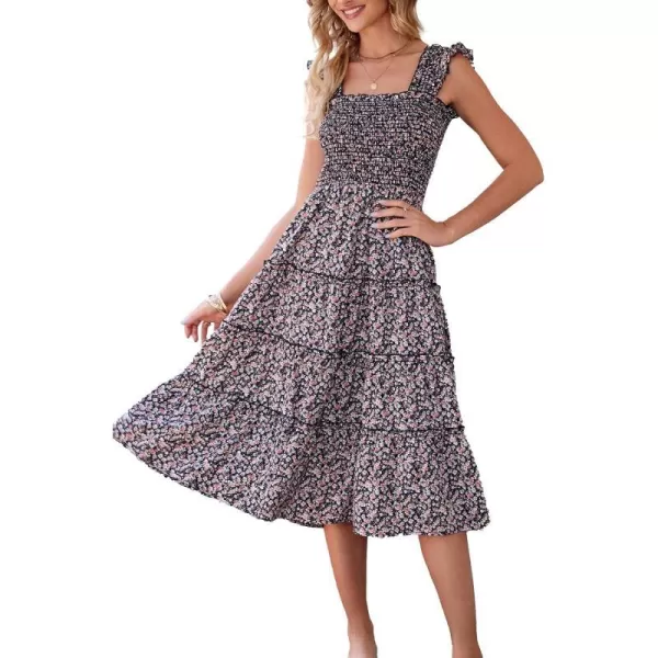 imageBTFBM Womens Summer Boho Smocked Beach Dresses Sleeveless Shoulder Strap Floral Flowy Tiered Party Midi Casual SundressFloral Black