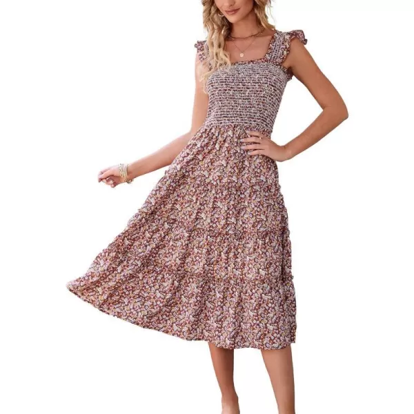 imageBTFBM Womens Summer Boho Smocked Beach Dresses Sleeveless Shoulder Strap Floral Flowy Tiered Party Midi Casual SundressFloral Brown