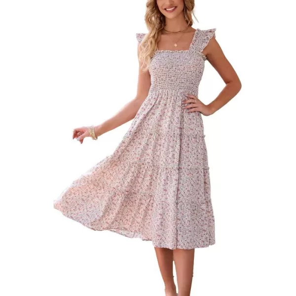 imageBTFBM Womens Summer Boho Smocked Beach Dresses Sleeveless Shoulder Strap Floral Flowy Tiered Party Midi Casual SundressFloral White
