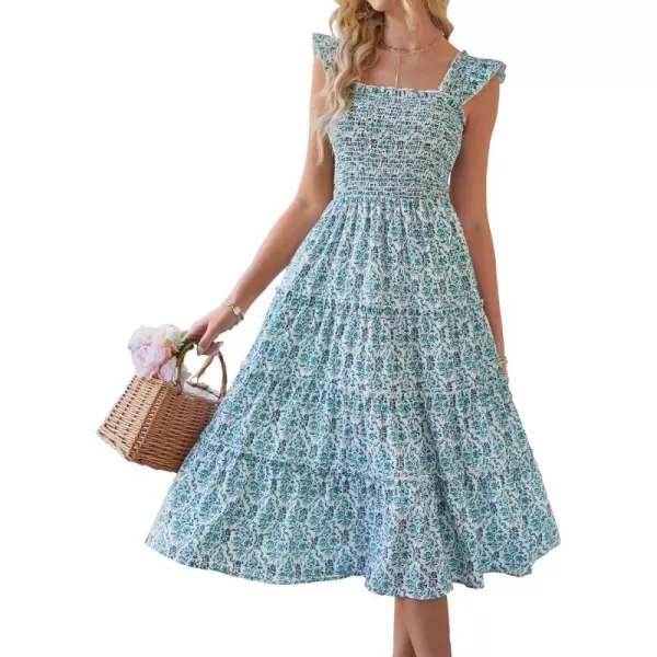 imageBTFBM Womens Summer Boho Smocked Beach Dresses Sleeveless Shoulder Strap Floral Flowy Tiered Party Midi Casual SundressPrint Dark Green