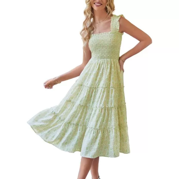 imageBTFBM Womens Summer Boho Smocked Beach Dresses Sleeveless Shoulder Strap Floral Flowy Tiered Party Midi Casual SundressPrint Grass Green